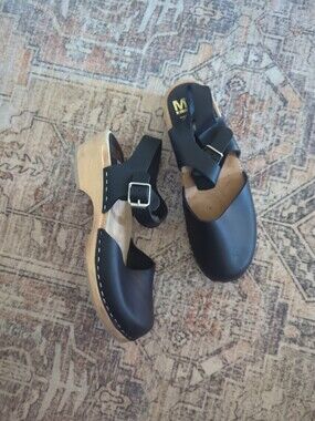 MIA Swedish Clogs Women’s EU Size 38 Black Leather Slingback Heels Shoes Cottage